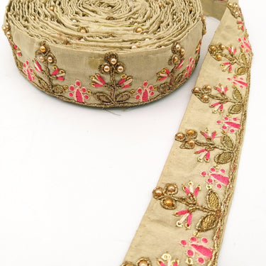 Beige Art Silk Trim In Pink And Gold Embroidery, Approx. 35mm wide, Decorative Trim